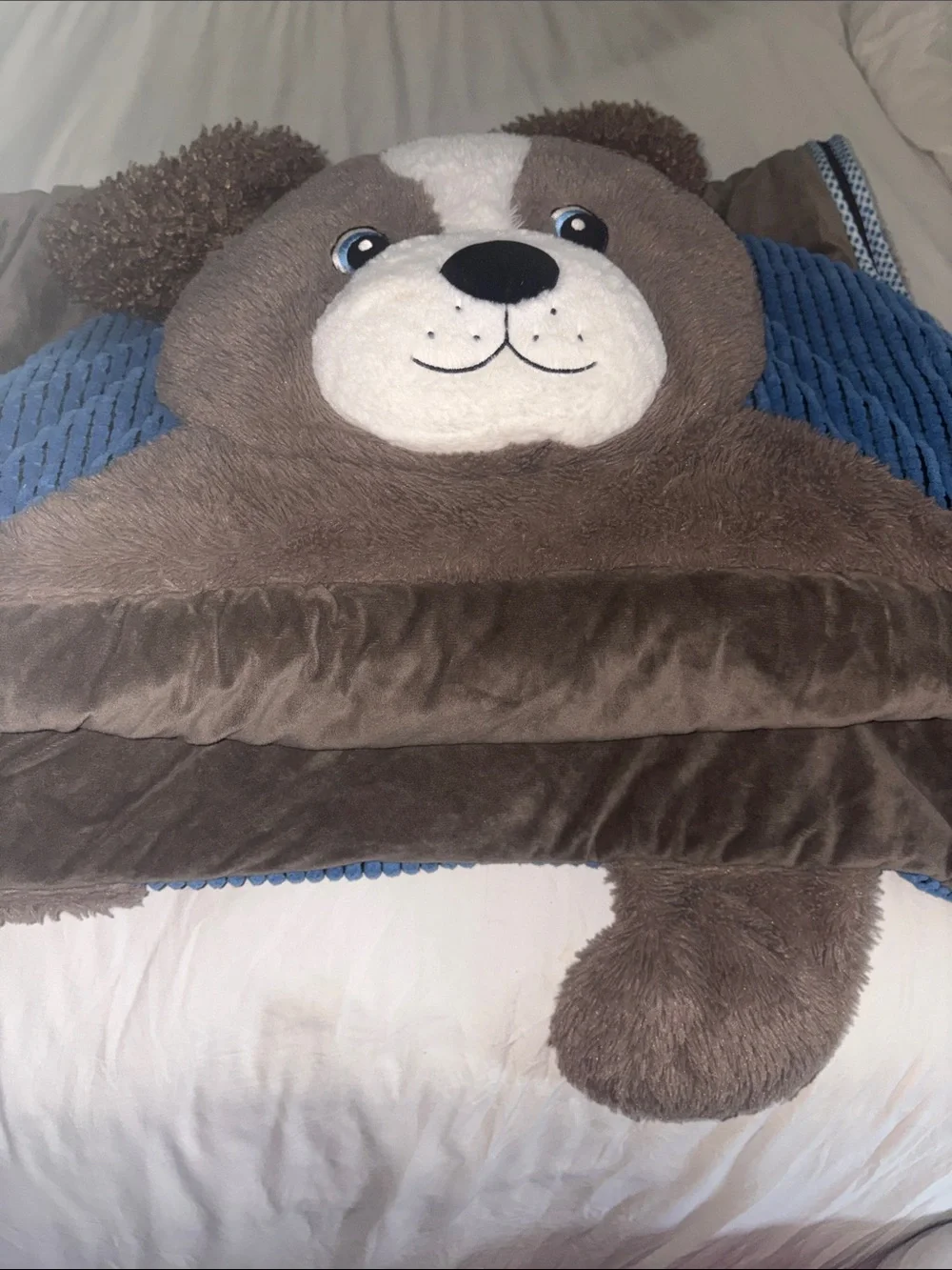 Plush Brown Puppy Floor Pillow Sleeping Bag with Blue Backing